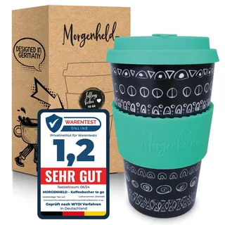 Morgenheld Coffee-to-go Becher Blacky Ocean 380ml | Porzellan Kaffeebecher mit Silikondeckel, BPA-frei, nachhaltiger Trinkbecher mit Deckel plastikfrei verpackt | Perfekt für Kaffee Tee & unterwegs