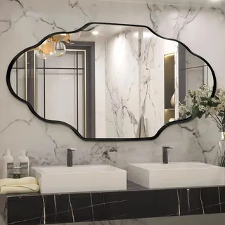 Clevich Spiegel Asymmetrisch 66x116cm Rahmen Alu, HD Glas Wandspiegel, Moderner Dekor-Spiegel, Schlankes Modernes Design, für Bad Badezimmer Wohnzimmer Flur Schlafzimmer Wand Laternen-Design, Schwarz