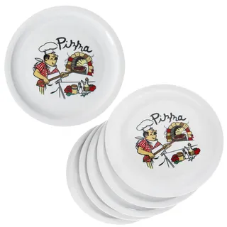 MamboCat 6er Set Mario Pizzateller XXL I Ø 33,5 cm I für 6 Personen I weiße große Pizzateller aus Porzellan mit Pizza-Bäcker Motiv I für Pizzen oder zum Anrichten I große Speiseteller, Servierplatte