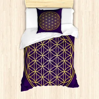 ABAKUHAUS Abstrakt Bettbezug Set, Geometrische gebogene Runden Form überlappende Kreise Artsy Sacred Image, 135 x 200 cm + 80 x 80 cm, Dark Purple Erde Gelb