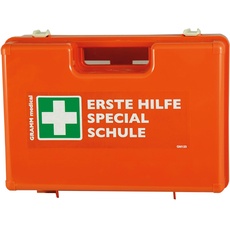 ACTIOMEDIC Medizinischer Erste-Hilfe-Kasten SCHULE, DIN 13157:2021, Notfallkoffer mit Wandhalterung, mehrsprachige Beschriftung, orange, 34 x 12 x 24 cm