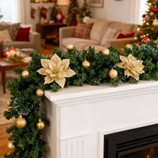 2.7M Weihnachtsgirlande mit Beleuchtung, 5M 50LEDs Girlande Weihnachten mit Goldenen Blumen und Kugeln, Weihnachtskugeln, Weihnachtsdeko für Türen,Fenster,Kamin,Treppe, Hof,Innen und Außen