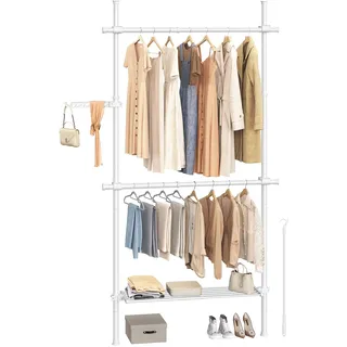 SONGMICS Teleskopstange Kleiderständer, 3-stufige Garderobe, höhen- und breitenverstellbar, offener Kleiderschrank mit 2 Kleiderstangen und abnehmbarer Ablage, Greifarm, mattweiß HSR136W01