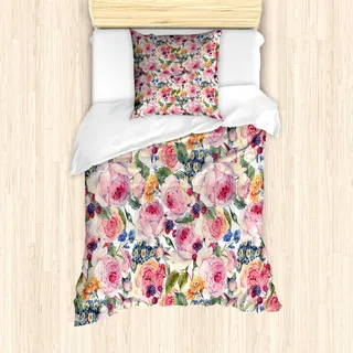 ABAKUHAUS Shabby Flora Mantele, Shabby Pflanze Rose Blumen, Milbensicher Allergiker geeignet mit Kissenbezügen, 135 cm x 200 cm - 80 x 80 cm, Mehrfarbig