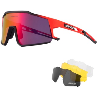 KAPVOE Polarisiert Fahrradbrille mit 4 wechselgläser TR90 Rahmen für Herren Damen Sport Radfahren MTB Sportsonnenbrille Radbrille Sportbrille Fahren Angeln Baseball Laufen Rot 11