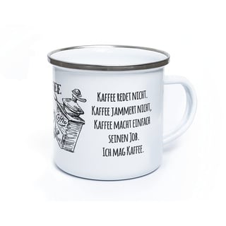 TypeStoff Emaille-Tasse mit Spruch - Kaffee redet nicht - im Vintage-Look mit Zitat als Geschenk und Dekoration zum Thema Kaffee und Tee - TS-01299