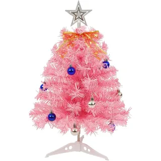 Uten Rosa Mini Weihnachtsbaum, 55 cm Kleiner Tannenbaum für den Schreibtisch mit 30 LED Lichterketten, Sterne, Schleifen und 15 Weihnachtskugeln für Büro, Wohnzimmer, Fensterbank Weihnachtsdekoration