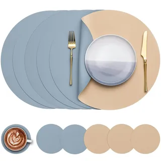 Myir JUN Tischsets abwaschbar und Untersetzer Tischsets Rund Ø 38cm | 6er Set Rund Platzsets wasserdichte Platzdeckchen abwaschbar doppelseitige rutschfeste Kunstleder Tischsets in Lederoptik