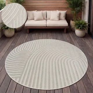 Paco Home Outdoor Teppich Wetterfest Balkon Wohnzimmer Skandi Boho Einfarbig Regenbogen 120 cm rund - Creme