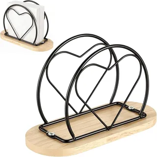 Dexpally 2 Stück Herzförmiger Serviettenhalter Schwarz aus Metall und Holz – Stabile Serviettenständer mit Holzsockel für Küche, Esstisch, Café & Restaurant