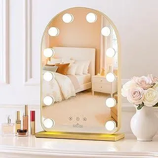 LUXFURNI beleuchteter Hollywood-Schminkspiegel mit 12 LED-Lampen, gewölbtes Design, 3 Farbmodi, 52 × 33 cm, Gold
