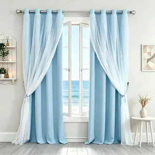 SOFJAGETQ Hellblaue Verdunkelungsvorhänge, 213,4 cm Länge, doppellagig, blau, romantische Vorhänge mit transparenter Überlage, Fenstervorhänge und Vorhänge für Kinder/Mädchen/Jungen, Schlafzimmer,