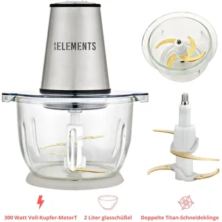 KB ELEMENTS Elektrische Zerkleinerer - 300 Watt voll Kupfer Motor, 2 Liter Glaschüssel, Doppelte Titan-Schneideklinge, Edelstahl