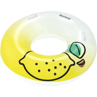 BESTWAY Schwimmring Zitrone, Ø 99 x 31,5 cm, bis 100 kg, strapazierfähiges PVC, ab 12 Jahren, leuchtendes Zitronen-Design, robuste Haltegriffe, Sicherheitsventil, inkl. Reparaturflicken