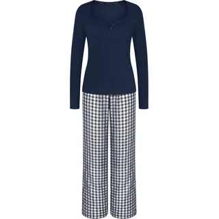Schlafanzug TRIUMPH "Elevated Sets PK LSL 01", Damen, Gr. 48, blau (blau, schwarz combination), Jersey, Obermaterial: 100% Baumwolle, lang, tiefer V-Ausschnitt, Homewear-Sets Schlafanzug