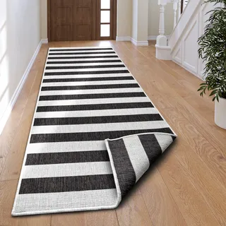 Läufer OTTO HOME "Alan Wendeteppich" Gr. 13, schwarz-weiß (schwarz, weiß), B:80cm H:5mm L:350cm, Kunstfaser, Teppiche, Läufer, Beidseitig nutzbar, Streifen, Scandi, wetterfest, für In- und Outdoor