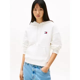 Kapuzensweatshirt TOMMY JEANS "TJW BXY BADGE HOODIE EXT", Damen, Gr. L (40), beige (ecru), Sweatware, Obermaterial: 100% Baumwolle, unifarben, bequem hüftlang, Rundhals, Rippbündchen, Sweatshirts Kapuzensweatshirt, mit Logo-Badge