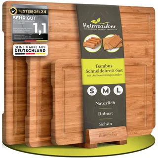 Schneidebrett Holz 3er Set | Premium Frühstücksbrettchen | Bambus Massiv 2cm dick | inkl. Ständer | Holzbrett Servierplatte mit Saftrille für die Küche
