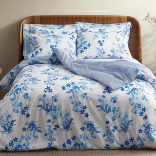 LERUUM Bettwäsche 155x220 Baumwolle Herbst Blumen Gestreift Blau Weiß Reversibel Bettbezug Set mit 1 x Kissenbezug 80x80