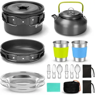 Odoland Camping Geschirr Set | Kochset Topf Teekessel Campingbesteck Becher | Leicht Aluminium Faltbar Outdoor Camping Geschirr Set 17 pcs