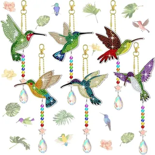 AUAUY 6 PCS Diamond Painting Kristall Sonnenfänger Windspiel Set, 5D Doppelseitige Diamond Painting Schlüsselanhänger Kristall Hängender Ornament Doppelseitige Hängende Ornamente für Erwachsene