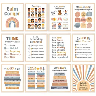 Whaline 12 Blatt Calming Corner Klassenzimmer-Poster, Boho-Poster für Psychische Gesundheit, Gefühle, Schulanfang, Beruhigende Bewältigungsfähigkeiten, Pädagogische Therapie für Vorschule