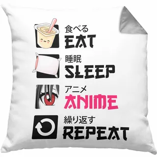 Trendation Eat Sleep Anime Kissen mit Füllung 40x40 Geschenk Spruch Geschenke Deko (Grau)