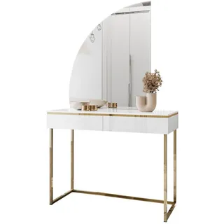 Lookway Schminktisch Aurora-Q Gold in weiß Hochglanz auf goldenem Gestell mit links Spiegel , Holzwerkstoff , Uni , 2 Schubladen , links montierbar,Rechteckig , 102x174x44 cm , Schlafzimmer, Schminktische