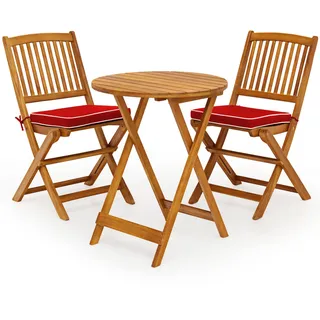 FANTASK 3tlg. Gartenmöbel Set, Runder Bistrotisch mit 2 Stühlen, klappbares Balkonmöbel-Set aus Akazienholz, Bistroset inkl. Rundtisch & 2 Stühlen mit 2 Kissen, Sitzgruppe für Garten, Balkon (Rot)