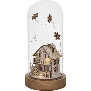 LED-Deko Glaskuppel | weiß/natur | Winterhaus | 24 cm | Glas / Holz | Weihnachtsdeko | warmes Licht - Braun