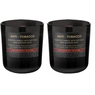 Dekohelden24 Duftkerze-Windlicht-Kerze im Glas - 2er Set-Duftrichtung Anti - Tobacco, L-B-H 8, 5 x x, cm, 150g, UF-Anti-Tobacco-2er, Schwarz