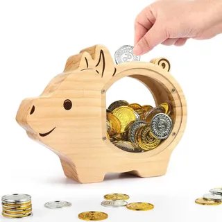 Foyucool Spardose Kinder Holz, Sparschwein mit Transparentem Acryl-Glas | Personalisiertes Geldgeschenk mit DIY Buchstaben für Jungen & Mädchen, Sparbüchse für Geburtstag, Taufe & Weihnachten