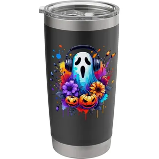 Halloween Splash Art Geist Kopfhörer Kürbisse Blumig Doppelwandiger Edelstahl-Thermobecher