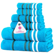 Casa Copenhagen Exotisches 6-teiliges Handtuch-Set, Blaugrün, 525 g/m2, 2 Badetücher, 2 Handtücher, 2 Waschlappen aus weicher ägyptischer Baumwolle für Badezimmer, Küche und Dusche