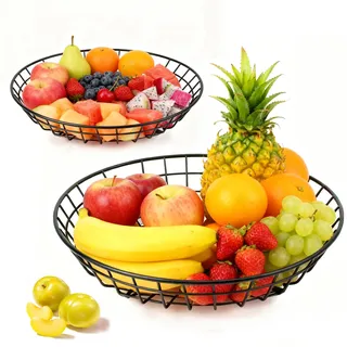 Obstschale, 2 Stück Stapelbar Obstkorb Schwarz, 19.5 x 5cm / 25 x 4.5cm, Obstschalen aus Metall, für Obst, Gemüse, Brot, Dekoratives Metallkorb, Drahtgitter-Design, Schwarz