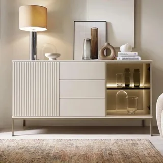 Sideboard Lagos Kaschmir Beige 154 cm mit LED – 3 Schubladen, Glasfront, Füße, Push-to-Open - Beige