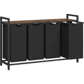 VASAGLE Wäschekorb 4 Fächer, Wäschesammler mit Ablage, Wäschebox, Wäschesack aus Oxford-Gewebe abnehmbar, Metallrahmen, 4 x 40 L, 116 x 33 x 72 cm, tintenschwarz-vintagebraun BLH401B01