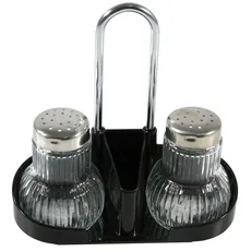 FACKELMANN Griffmenage RUBIN, Gewürzständer mit Salz- und Pfefferstreuer und Zahnstocherbehälter (Farbe: Silber/Transparent/schwarz), Menage: 1 Stück, 47320