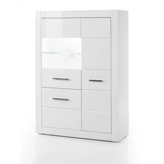 Furn.Design Vitrine weiß Hochglanz 100 cm, Highboard mit Metallgriffen , Weiß Hochglanz , Glas, Holzwerkstoff , Nachbildung , Uni , 3 Fächer , 100x142x35 cm , Esszimmer, Vitrinen, Vitrinenschränke