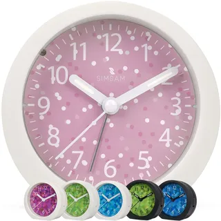 Wecker Kinder Mädchen, Kinderwecker Mädchen Ohne Ticken für Schulanfänger, Einschulung Kinder Wecker für Junge, Schulkind Lernwecker Analog mit 24 Melodien, Batterie, Snooze (Weiß-Rosa-Punkte)
