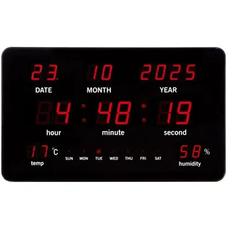Perel Digitale Wanduhr schwarz, großes LED-Display 37.5x25.5cm, rote LEDs, Digitale Uhr mit Kalender, Zeit, Datum, Temperatur und Feuchtigkeit, Thermometer und Hygrometer, für Büro, Werkstatt und