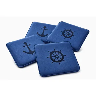 KAMACA Sitzkissen 4er Set Maritim 35x35 cm Blau – Filz Stuhlkissen mit Anker & Steuerrad Motiv – Gepolsterte Sitzauflage mit Schaumkern für Stuhl, Esszimmer, Küche, Balkon & Gartenstuhl