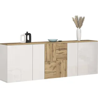 Sideboard OTTO HOME "ISEO, Kommode, Schrank, Sideboard, Lowboard, 6 Fächer, Breite 200 cm", weiß hochglanz fronten, eiche wotan matt, B:200cm H:70cm T:35cm, Sideboards, Sideboard, stehend/hängend, 5 Türen Hochglanz lackiert, Made in Italy