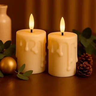 Ideen mit Herz LED-Kerzen mit Echtwachsbeschichtung | 2 Stück | cremefarben | Weihnachten | warmweiß | realistischer Flammen-Effekt | Timer-Funktion | batteriebetrieben (mit Wachstropfen)