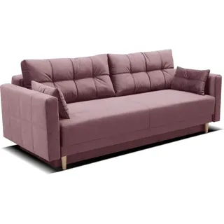 Schlafsofa Lema, Sofa mit Schlaffunktion und Bettkasten, Klappsofa, Schlafcouch mit Füßen aus Naturholz, Veloursstoff, Couch in Frabe: Rosa - Rosa