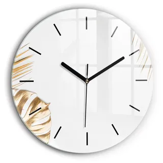 Wallfluent Große Wanduhr – Stilles Quarzuhrwerk - Uhr Dekoration Wohnzimmer Schlafzimmer Küche - Zifferblatt mit Striche - schwarze Zeiger - 60 cm - Tropische Blätter - Gold