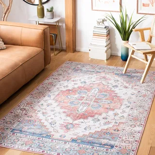 SAFAVIEH Traditionell Teppich für Maschinenwaschbar und rutschfest - Ideal für stark frequentierte Bereiche - Tucson Collection, Kurzer Flor, Blau und Beige, 152 X 244 cm