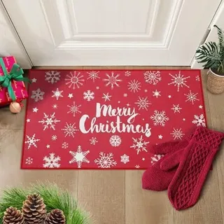 GarveeHome Weihnachts-Fußmatte mit Schneeflocken-Muster | Rutschfest für Innen & Außen, waschbar & haustierfreundlich, Eingangsmatte für Küche, Flur – rote Festtagsmatte, 50 x 80cm