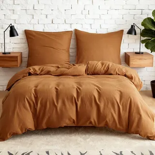Simple&Opulence Halbleinen Bettwäsche 135x200, Atmungsaktiver Bettbezug Set aus Baumwolle und Leinen mit 80x80 cm Kissenbezug,Oeko-TEX Sommerbettwäsche 2tlg,Karamellbraun