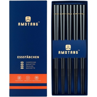 AMOTANG Wiederverwendbare Essstäbchen, Spülmaschinenfest, Rutschfeste Japannische Chopsticks in Schwarz und Gold für Sushi und Nudeln, 5 Paar Stäbchen mit Geschenkpackung